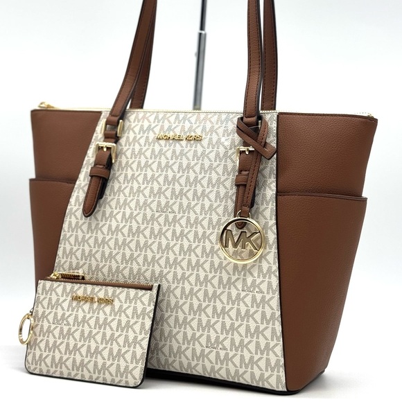 Michael Kors Large Charlotte Tote Bag & Signature Logo Coin Purse Vanilla/Brown - Picture 1 of 14
